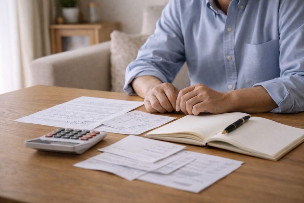 家計資料と電卓を前に、数字を見直している60代男性の手元。