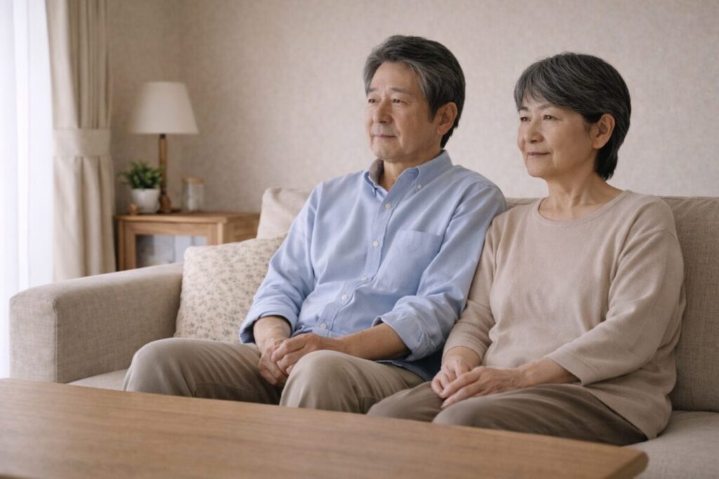自宅のリビングで静かに過ごす60代後半の日本人夫婦。判断を急がず考える時間を表している。