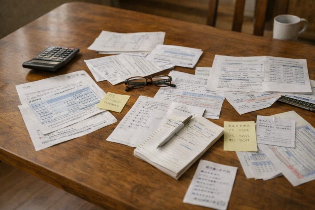 年金や生活費の書類が散らばった机
