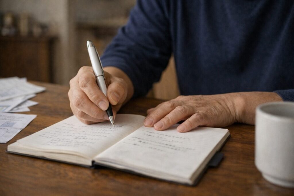 ノートに考えを書き出すセミシニアの手元
