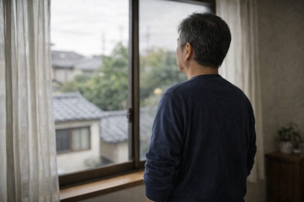 窓の外を静かに眺める日本人セミシニアの後ろ姿
