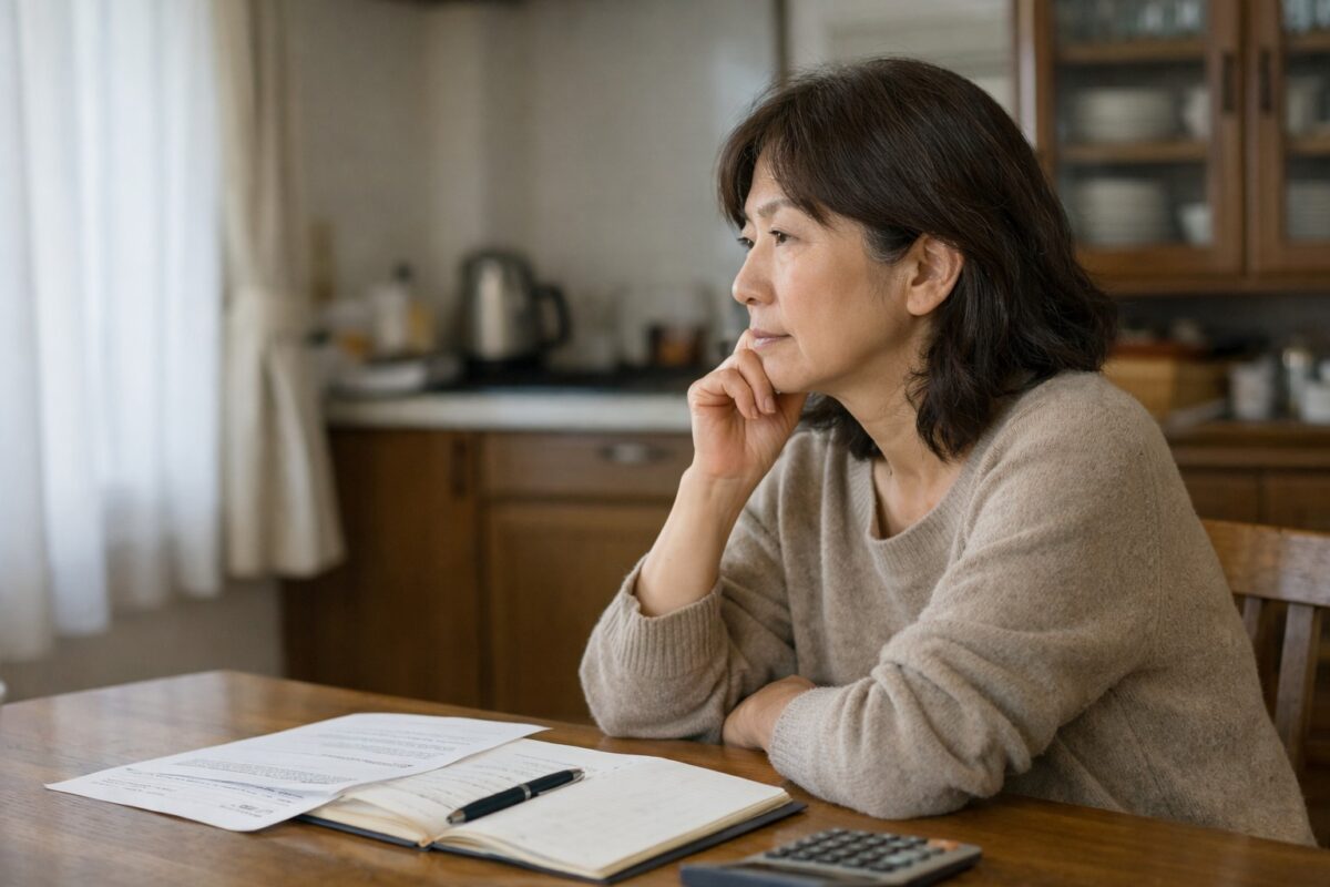 年金のことで静かに考え込む50〜60代の日本人