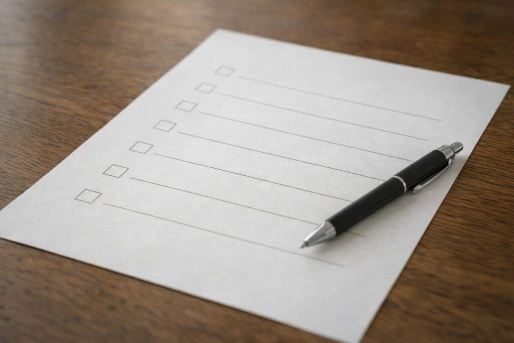 判断を整理するためのワークシートとペン