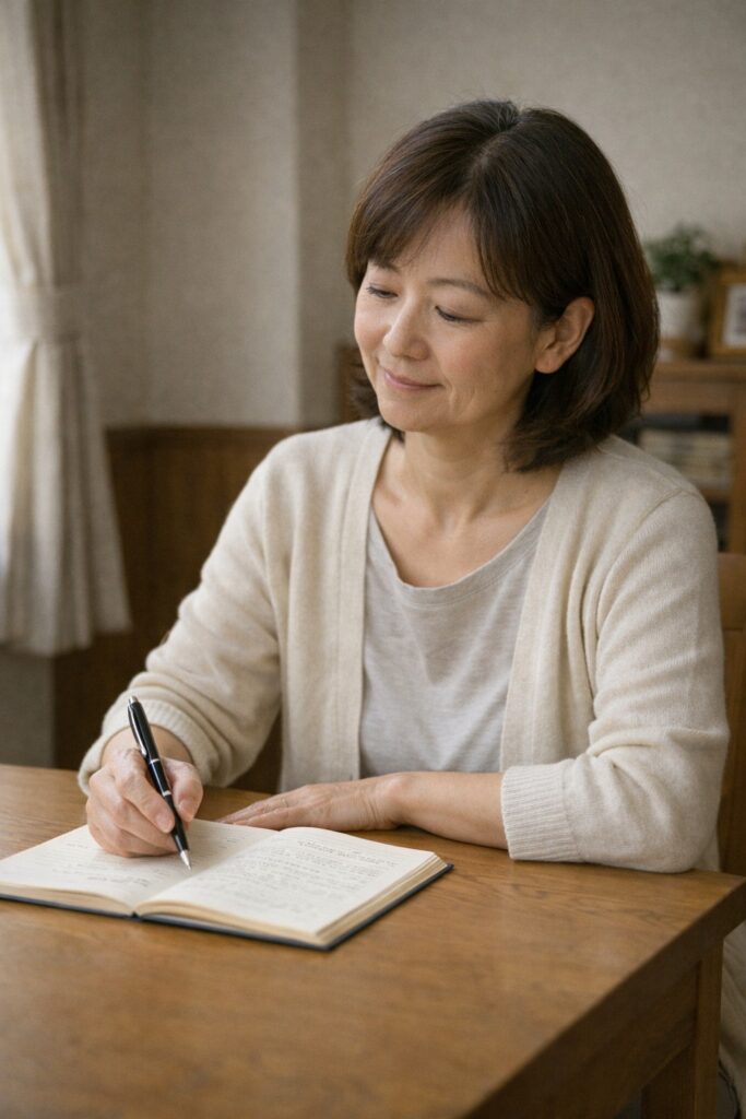 ノートを前に考えを整理する50代日本人女性