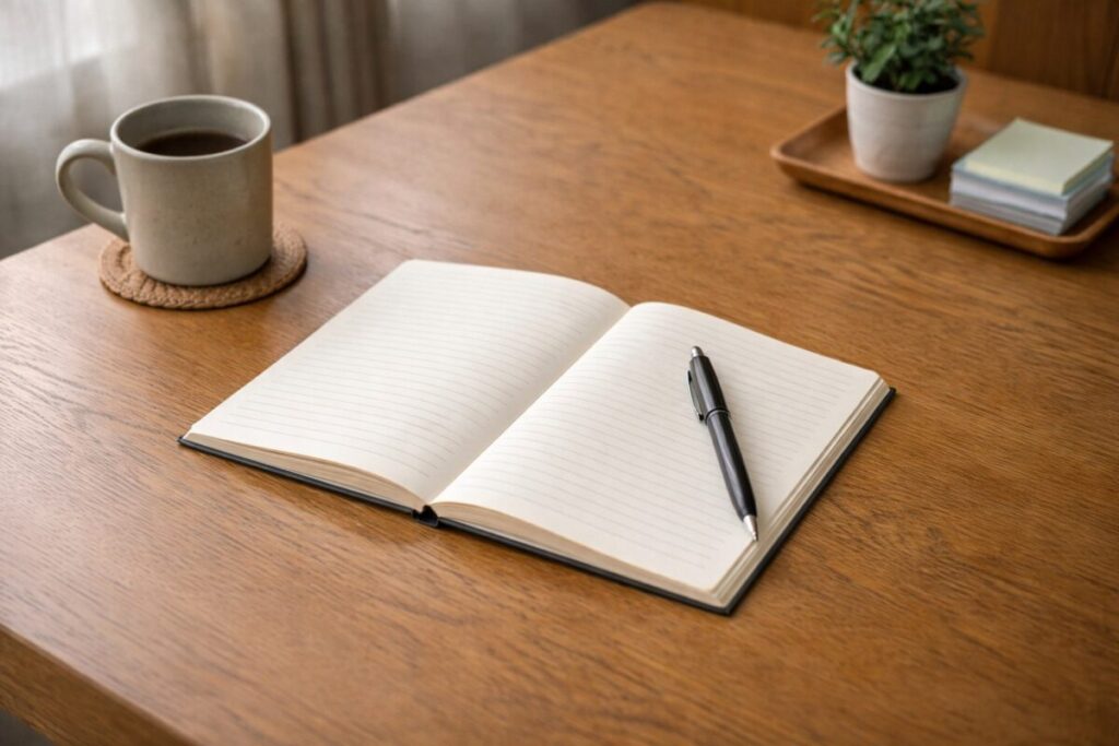 白紙のノートとペンが置かれた机