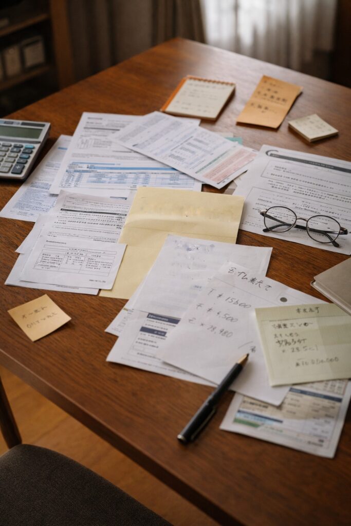 年金や投資の書類が散らばる日本の家庭の机