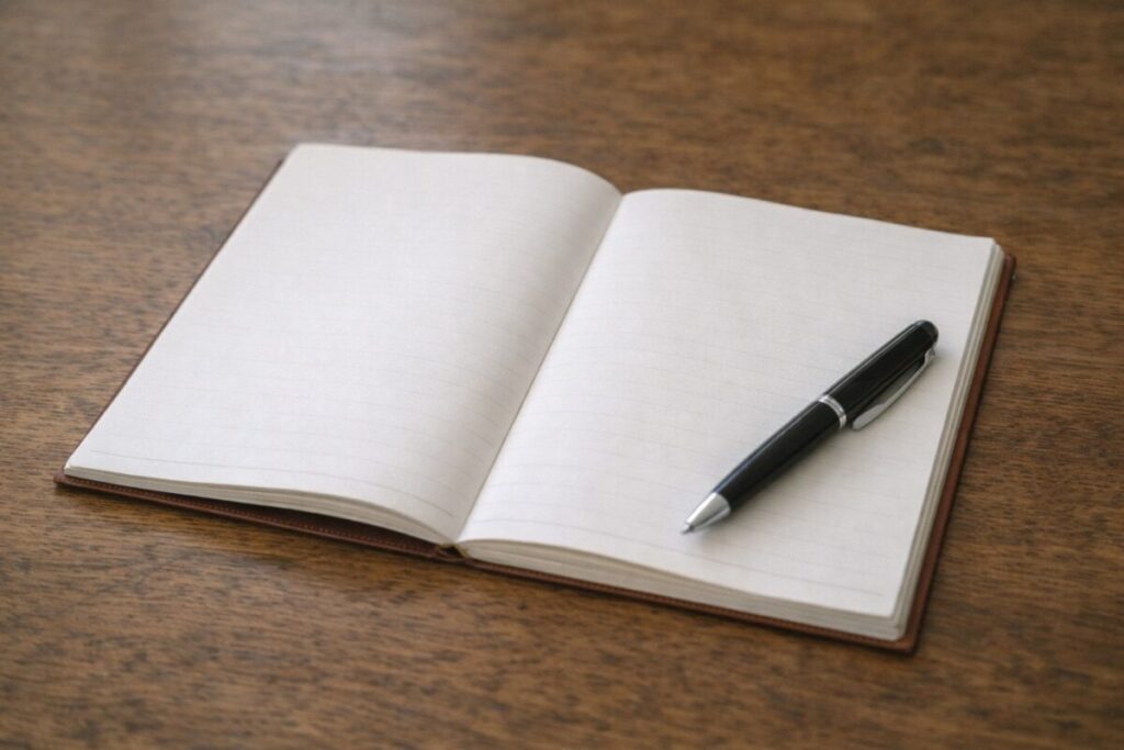 書き込み前の白紙ノートとペン