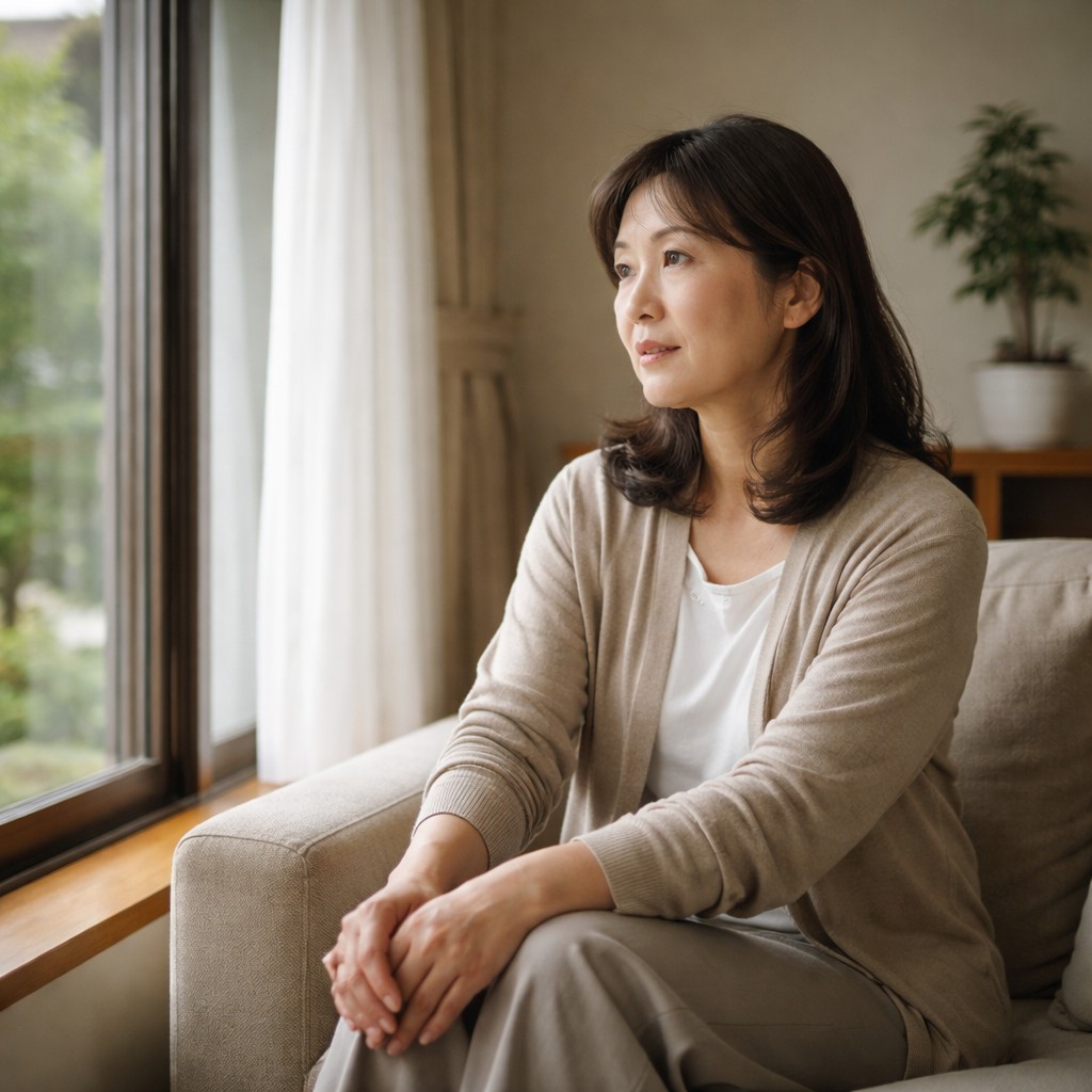 窓辺で考え込む50代後半の日本人女性