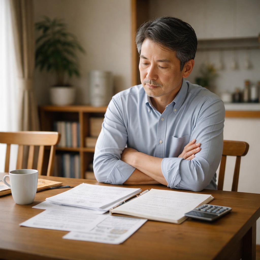 書類を前に考え込む50代後半の日本人男性