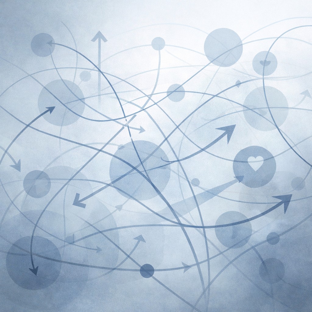 判断要因が絡み合う様子を表した抽象イメージ