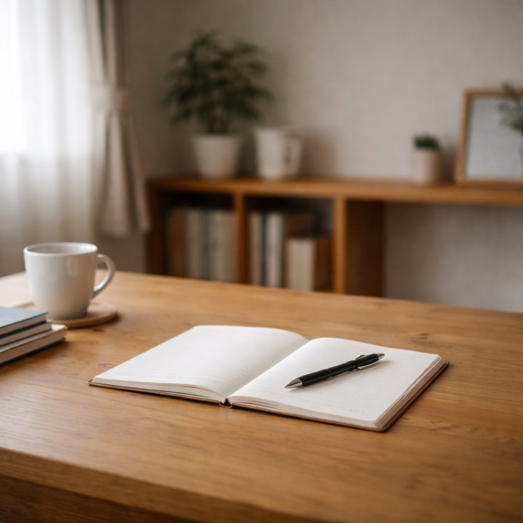白紙のノートとペンが置かれたシンプルな机