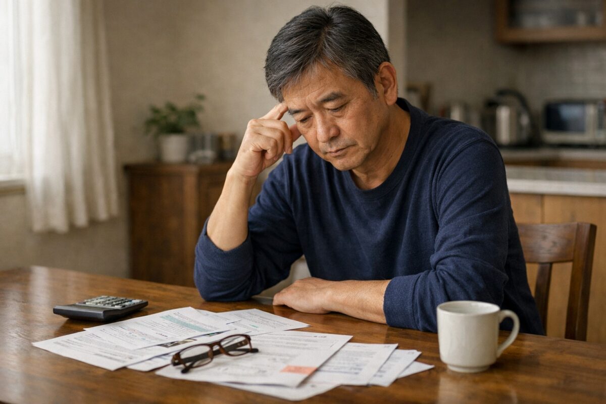 退職後のお金について一人で考え込む日本人セミシニア