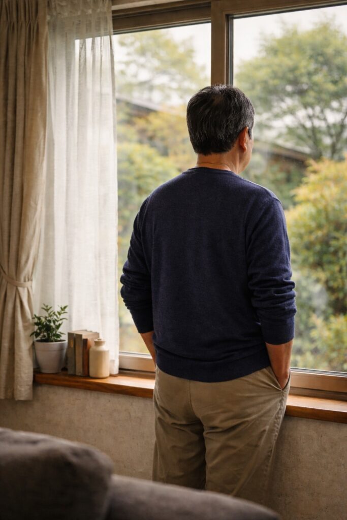 窓の外を静かに眺める日本人セミシニアの後ろ姿