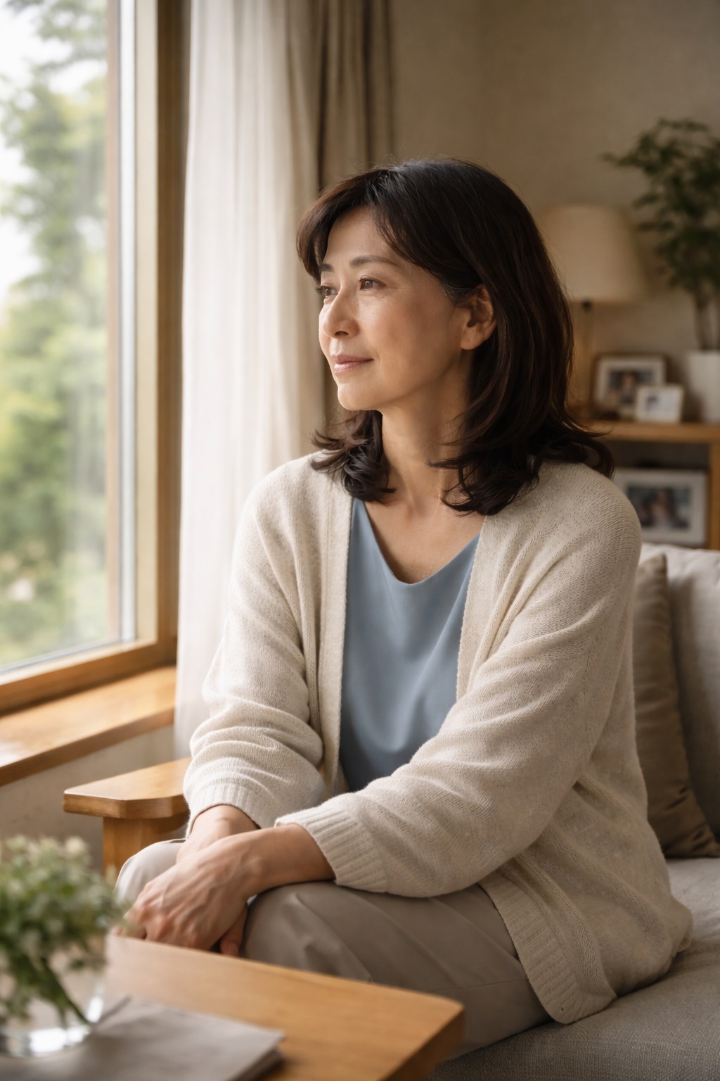 窓辺で静かに考え込む50代後半の日本人女性