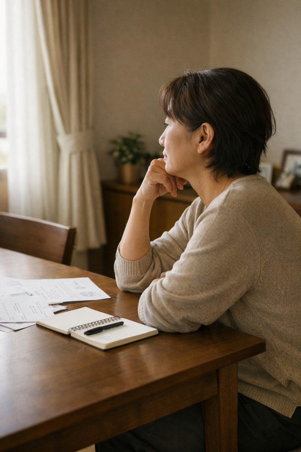 自宅のダイニングで書類を前に静かに考える50〜60代の日本人