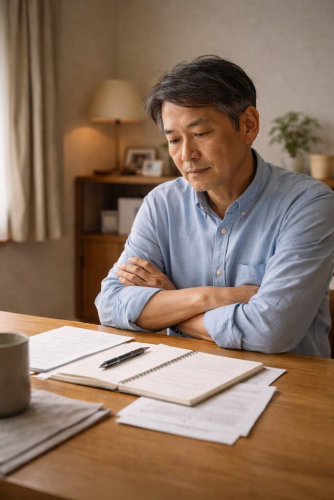 書類を前に腕を組んで考える50代後半の日本人男性