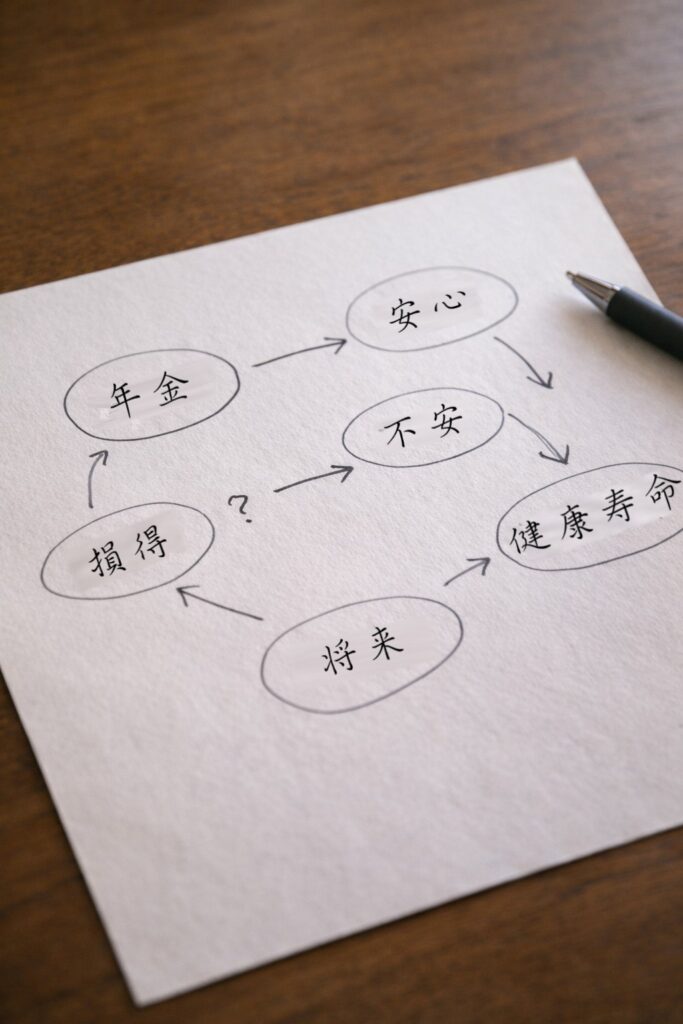 年金や将来への不安を示す言葉が散らばったメモ用紙