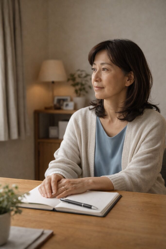 ノートを前に考えを整理し始めた50代後半の日本人女性