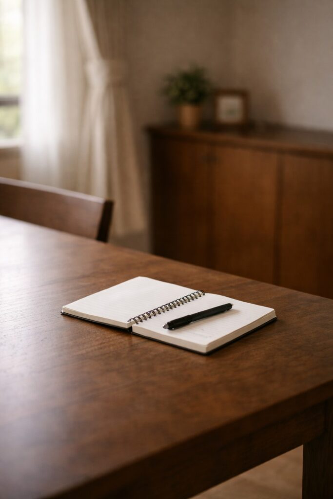 白紙のノートとペンが置かれた静かなテーブル
