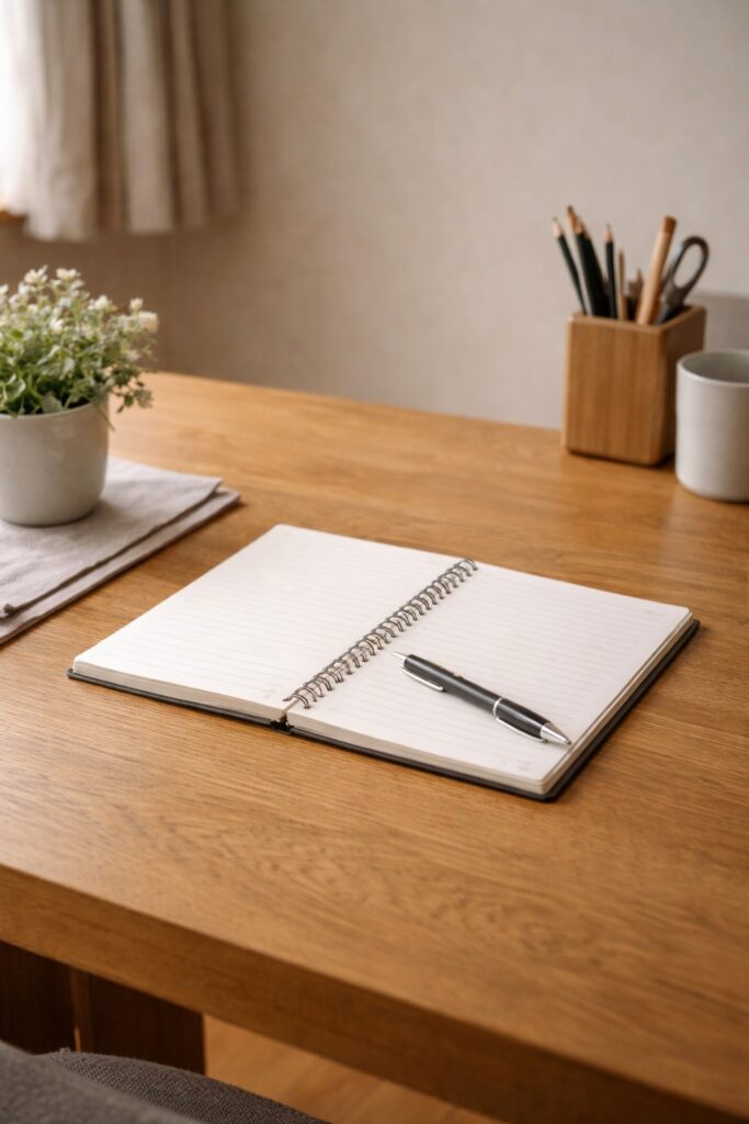 白紙のノートとペンが置かれた静かな机