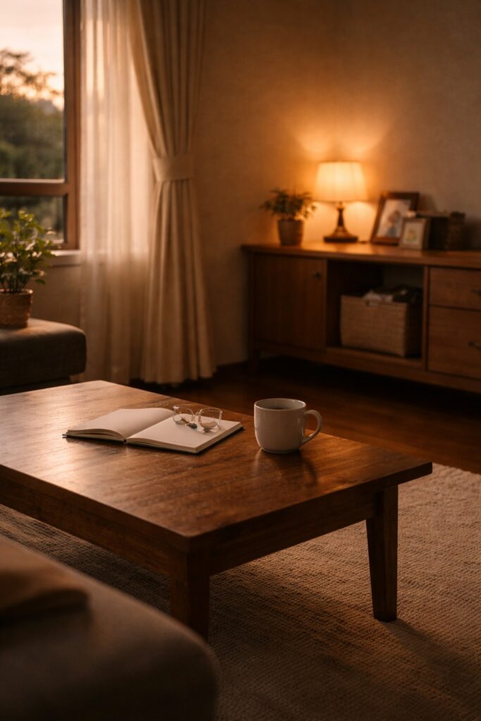 夕方の光が差し込む静かな日本のリビングの一角