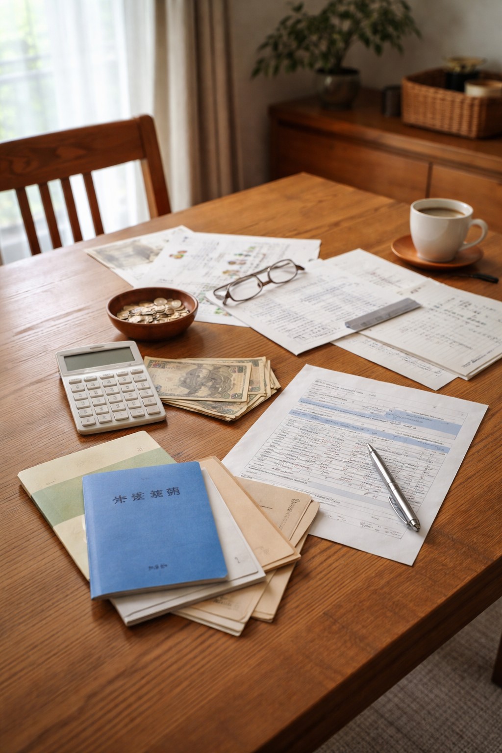 年金やお金の書類が広がる日本の家庭の机