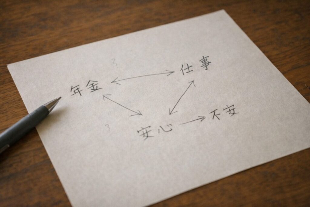 年金や仕事に関する言葉が散らばったメモ用紙の俯瞰写真