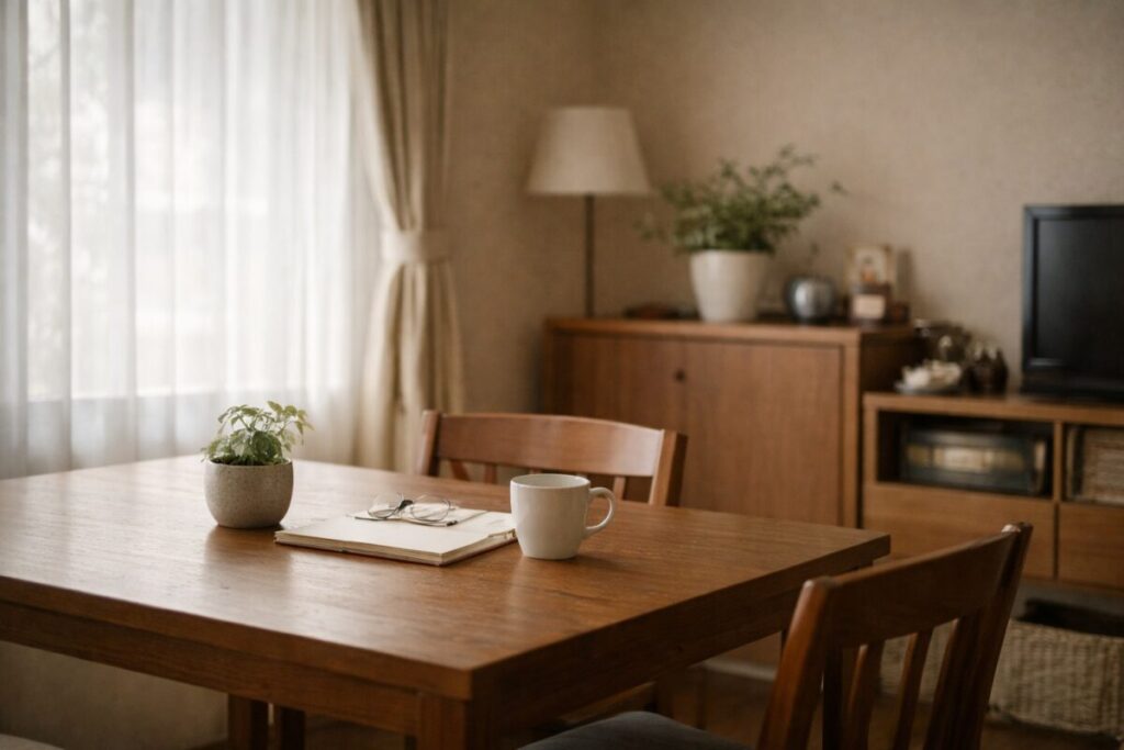 静かな日本のリビングの一角と窓からの柔らかな光