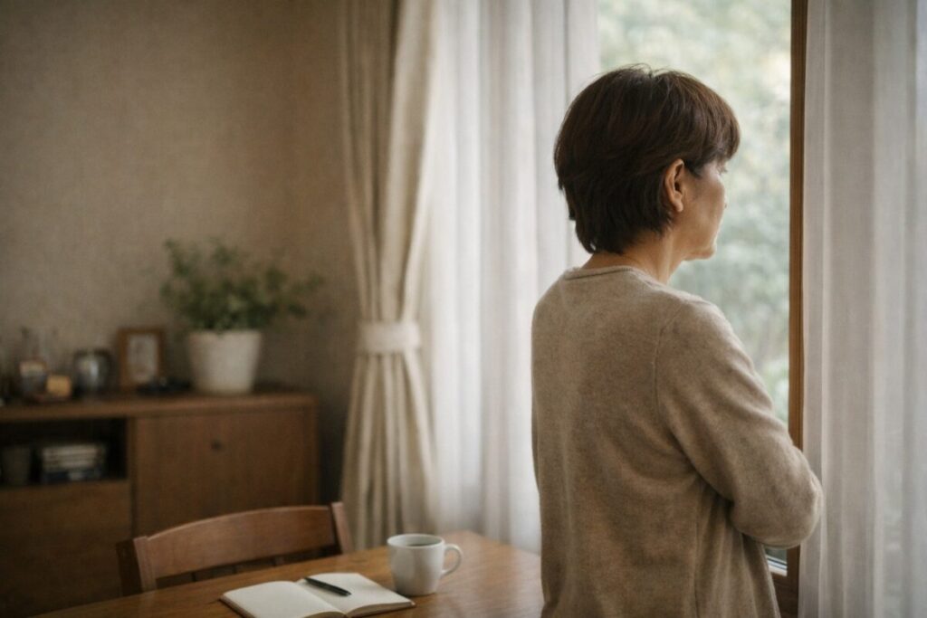 窓の外を眺めながら考え込む50〜60代の日本人の後ろ姿