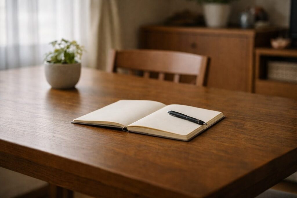 白紙のノートとペンが置かれた静かなテーブル