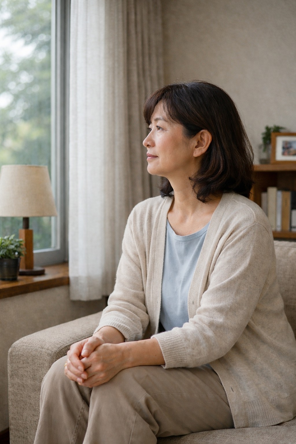窓辺で静かに考え込む50代後半の日本人女性