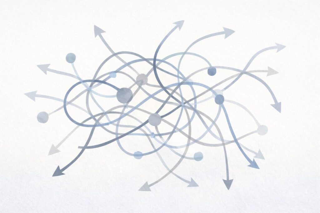 感情や情報が交差する様子を表した抽象的なイラスト