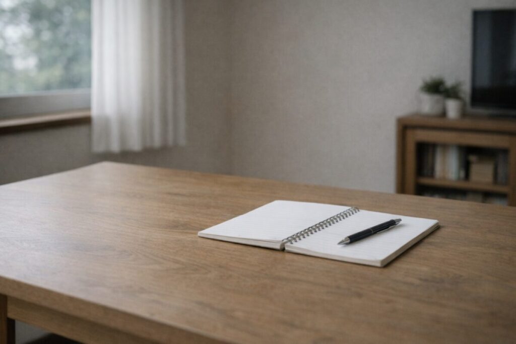 白紙のノートとペンが置かれた静かな木製デスク