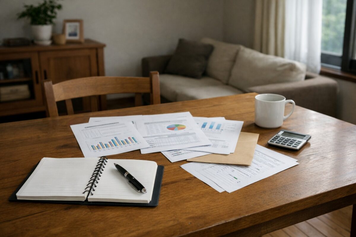 退職金やお金の書類を前に、考え込む時間を感じさせるダイニングテーブル