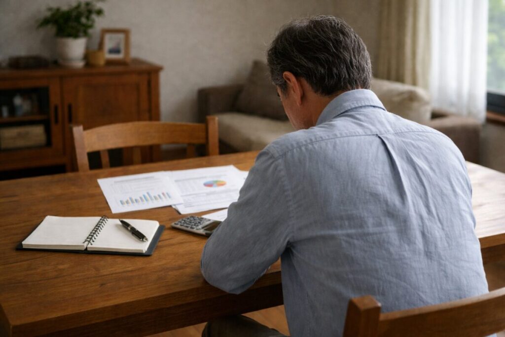 書類を前に静かに考え込む60代男性の後ろ姿