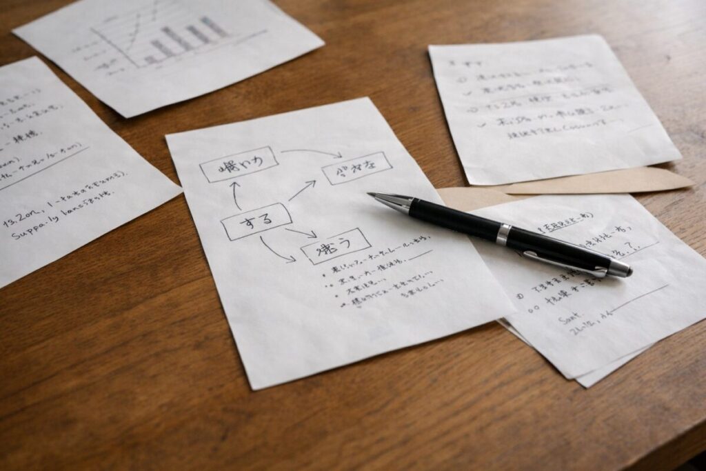 メモやペンが散らばった木製テーブルの上の様子