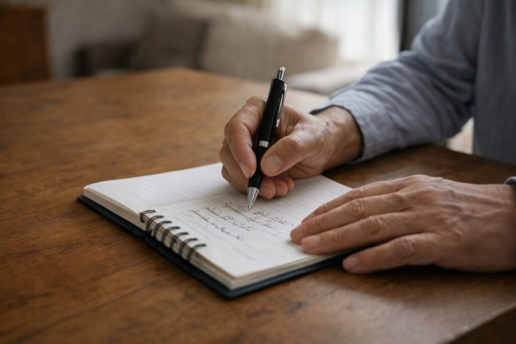 ノートに静かに書き込む50〜60代の手元