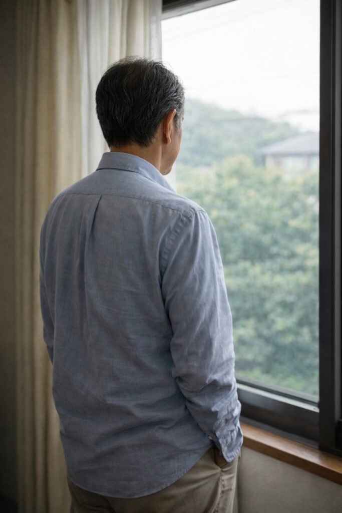 窓の外を静かに眺める60代の人物の後ろ姿