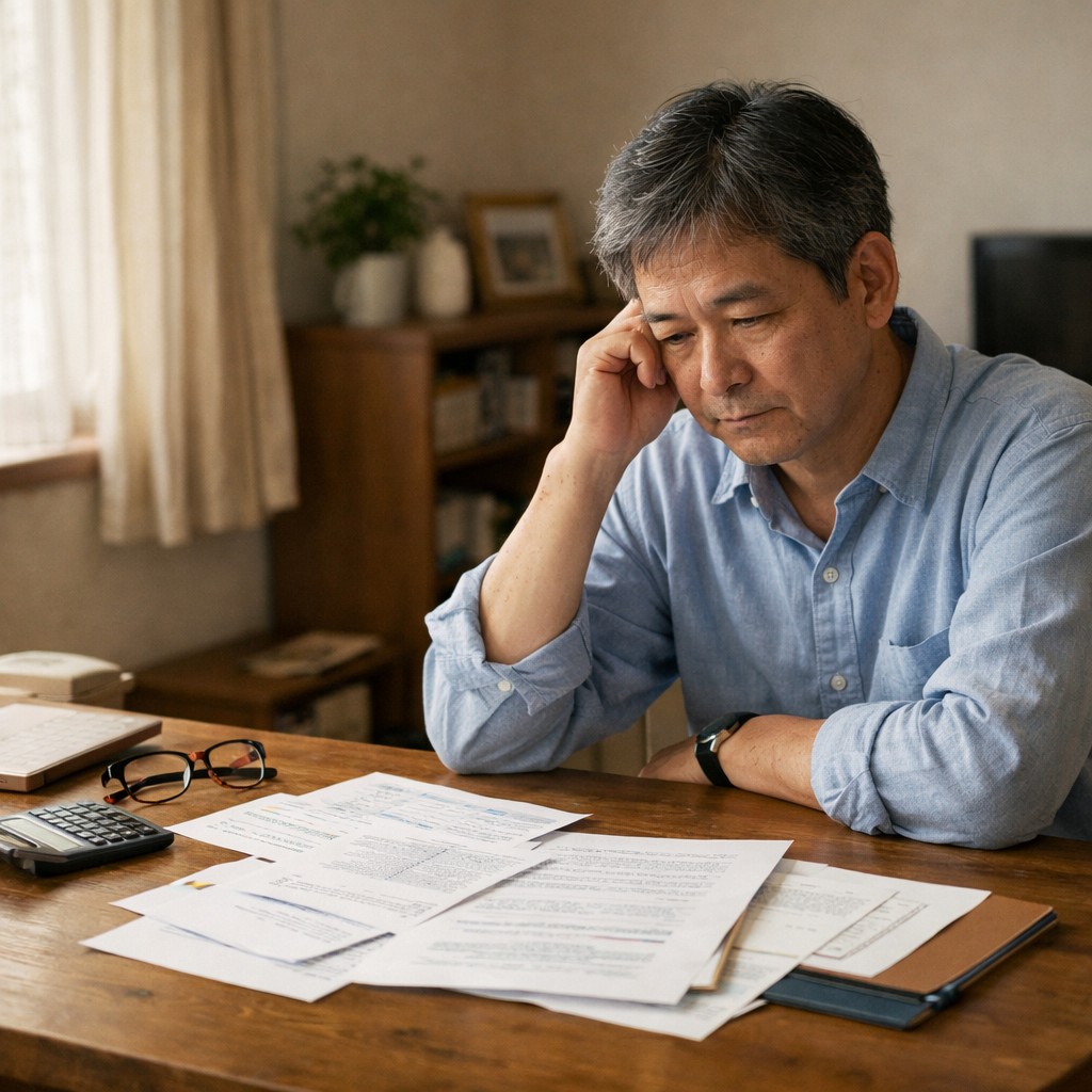 書類を前に考え込む50〜60代の日本人がいる静かな自宅のダイニング