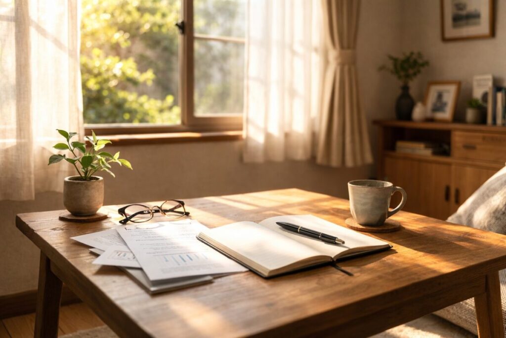 午後の光が差し込む静かな日本のリビングの一角