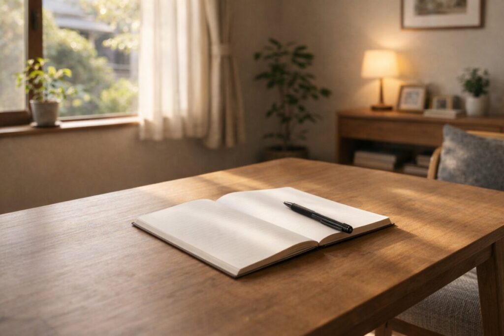 白紙のノートとペンが置かれた静かな机の写真