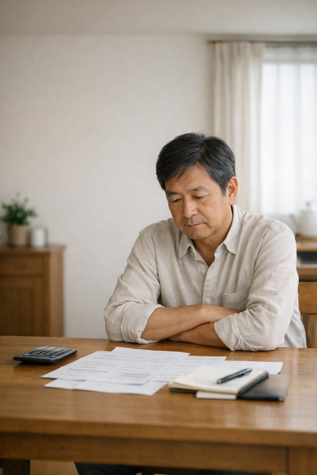 書類を前に考え込む50代後半の日本人男性