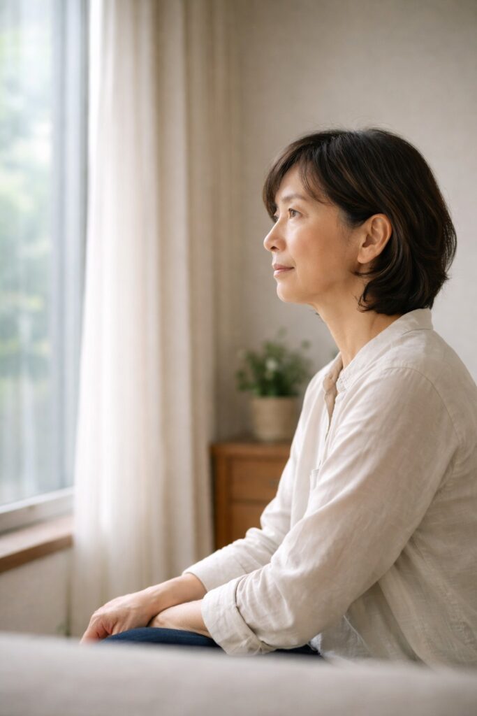 窓辺で静かに考える50代後半の日本人女性