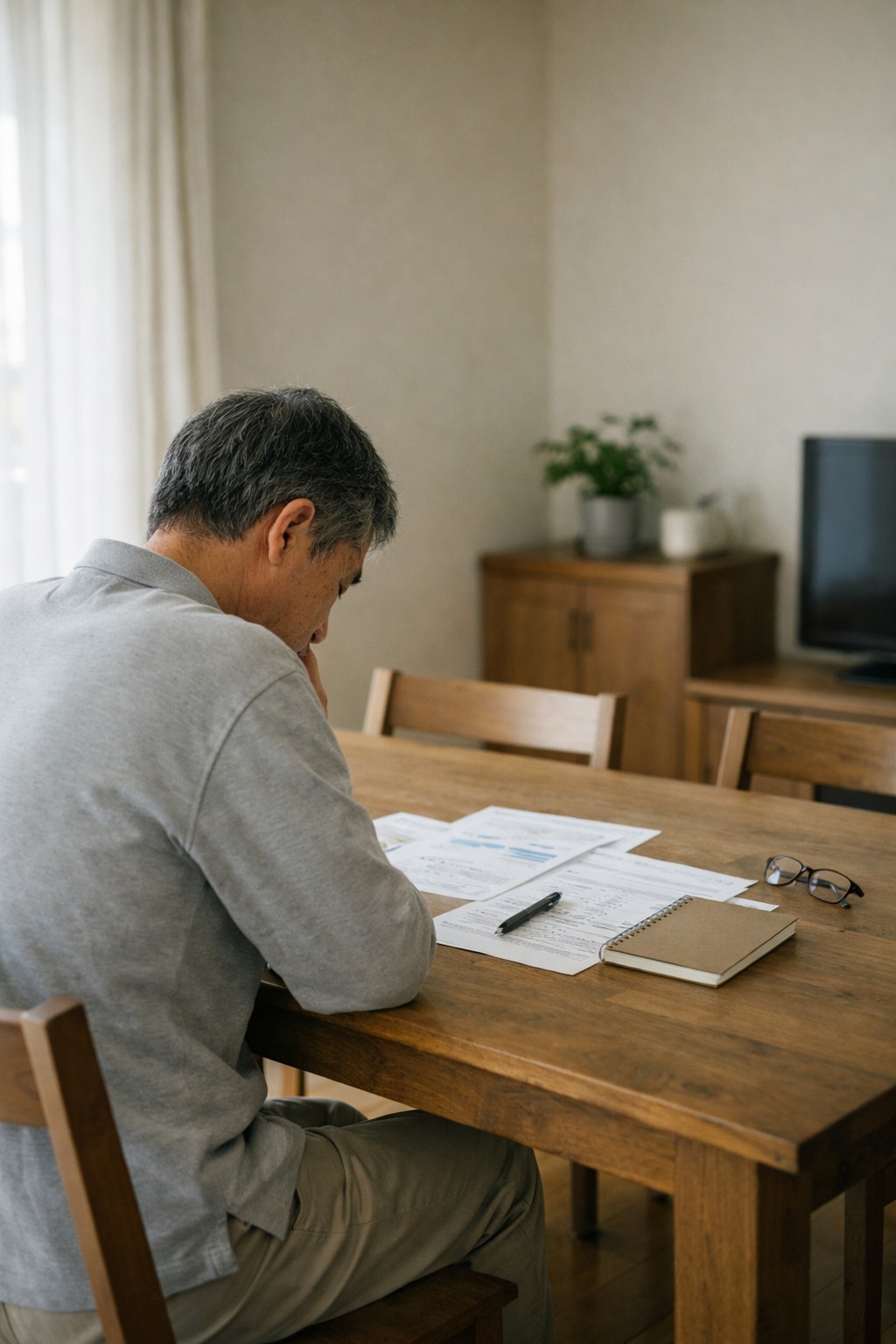 退職金の書類を見ながら考える日本人男性