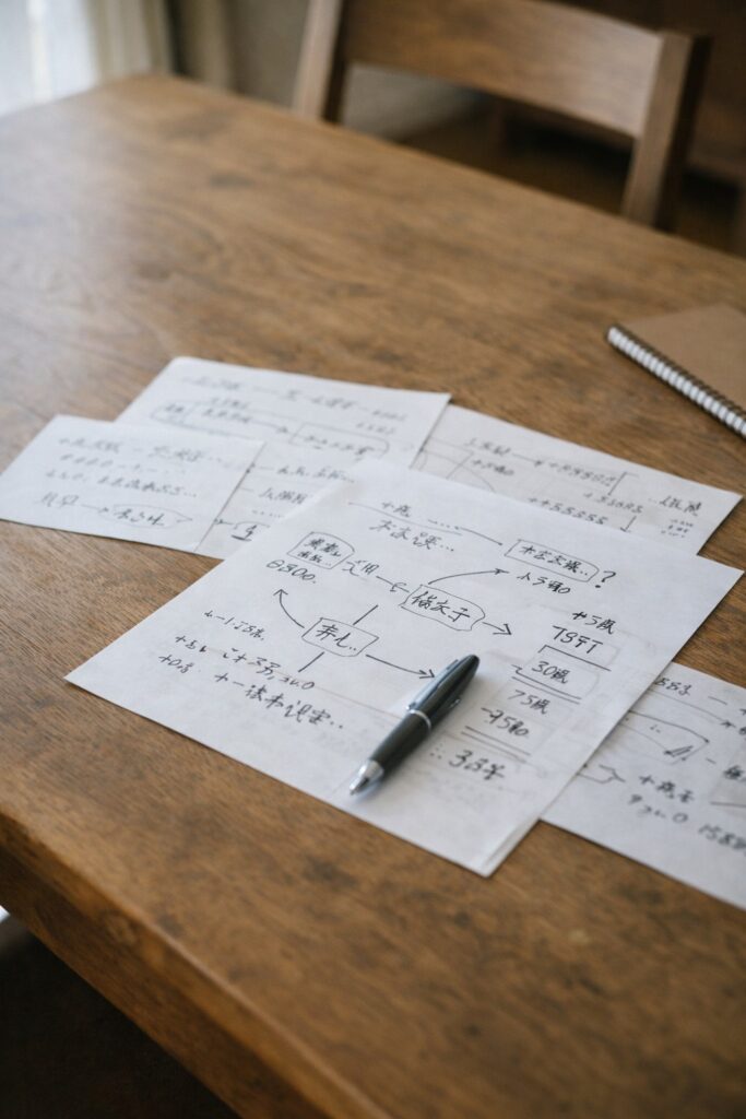 メモや矢印が書かれたノートとペン