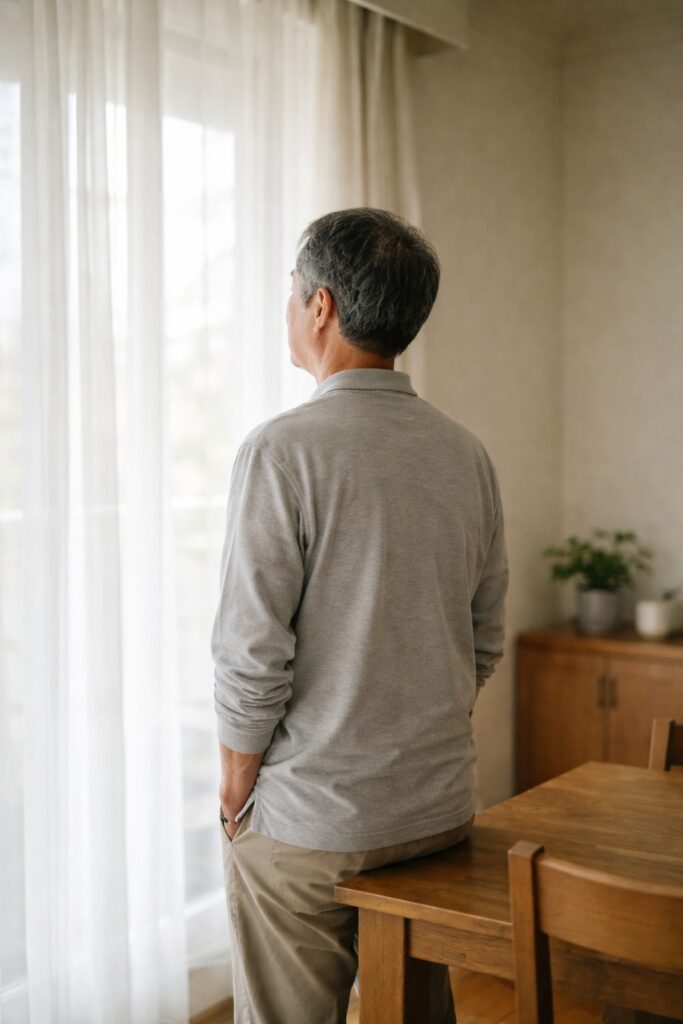 窓の外を見ながら立つ日本人男性