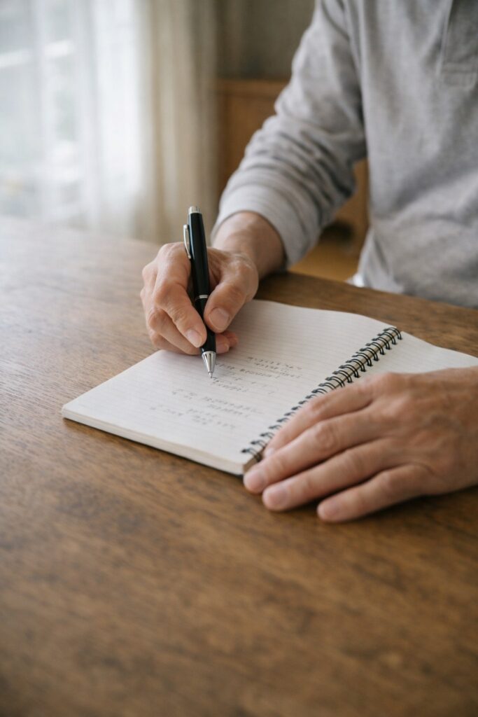 ノートに書き込む日本人の手元