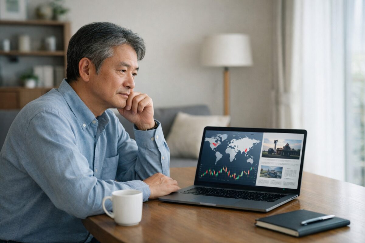 世界情勢と株価ニュースを見ながら投資判断を考えるセミシニア男性