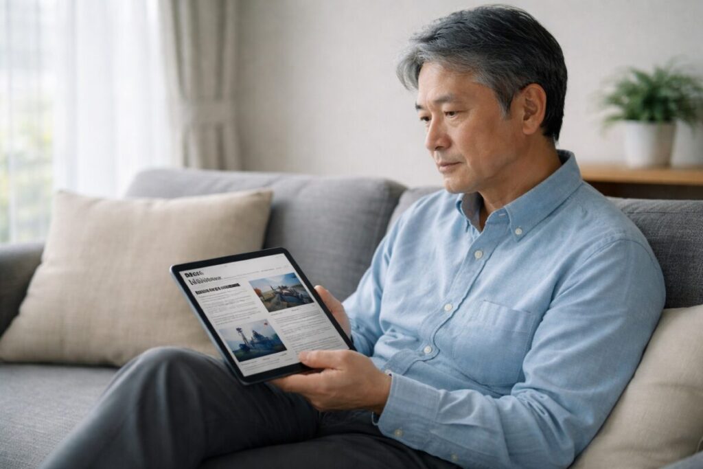 ニュースを見ながら老後資産への影響を考えるセミシニア男性