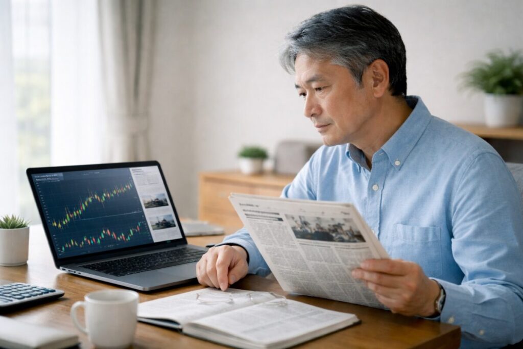 株価チャートと世界ニュースを冷静に分析するセミシニア男性
